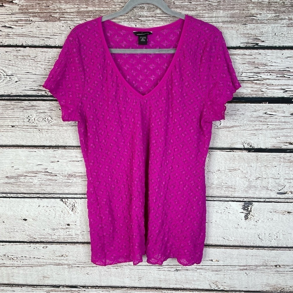 Moda International Purplish-Pink V-Neck Blouse Short Sleeve Breathable XL Top